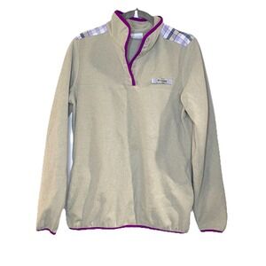 Columbia Pullover Womens S Beige Purple Fleece PFG Plaid Snap T Front Outdoor